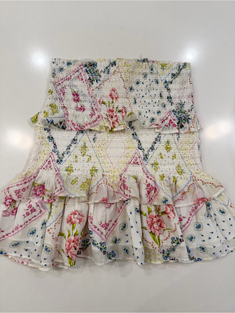 LoveShackFancy White Floral Smocked Ruffle Mini Skirt